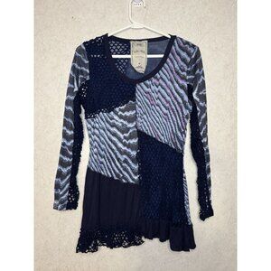 Tunic Blouse Top Blue Mix Media Artsy Animal Print Crochet Boho Lagenlook MEDIUM